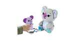 Hand reaching toward baby koala plush beside mummy koala with arrow graphic between them