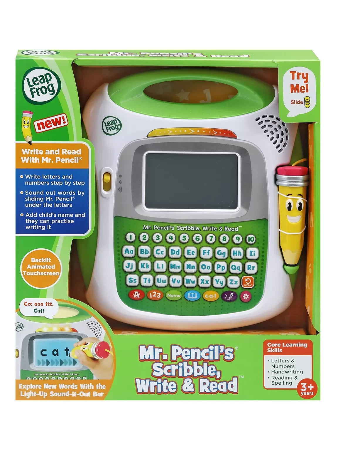 LeapFrog Mr. Pencil's Scribble, Write & Read in retail packaging with the learning toy and yellow stylus visible