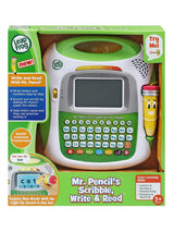 LeapFrog Mr. Pencil's Scribble, Write & Read in retail packaging with the learning toy and yellow stylus visible