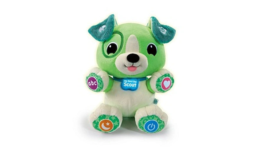 LeapFrog My Best Pal Scout green plush puppy sitting upright with colourful interactive buttons on his paws and collar