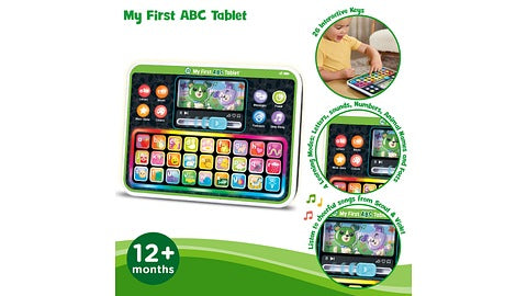 LeapFrog My First ABC Tablet feature graphic showing the tablet, three circular callouts, music notes and a 12+ months badge