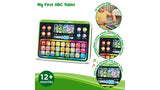 LeapFrog My First ABC Tablet feature graphic showing the tablet, three circular callouts, music notes and a 12+ months badge