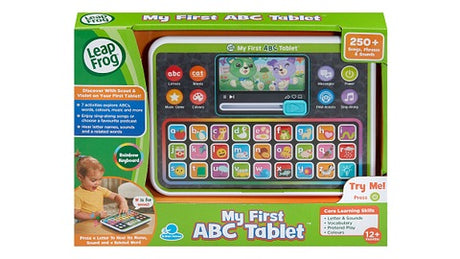 LeapFrog My First ABC Tablet retail box showing the tablet, a child image, a 250+ songs sounds and phrases badge, and a 12+ Months label