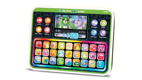 LeapFrog My First ABC Tablet with colourful alphabet keys, Scout and Violet on screen, round side buttons and a blue slider