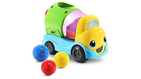 Front view of LeapFrog Popping Colour Mixer Truck with red, yellow and blue balls beside it