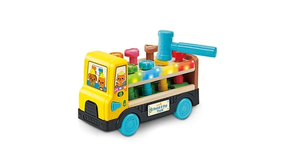 LeapFrog Pound & Pop Truck with yellow cab, turquoise wheels, colourful pounding pegs and blue toy hammer on a white background.