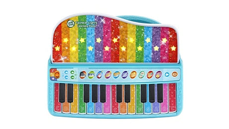 Front view of LeapFrog Twinkle Lights Learning Piano with illuminated stars, rainbow colours and piano keys labelled with musical notes