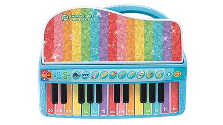 Front view of LeapFrog Twinkle Lights Learning Piano with rainbow panel, colourful keys labelled do, re, mi and instrument buttons