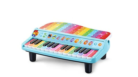 LeapFrog Twinkle Lights Learning Piano showing the turquoise keyboard, black and coloured keys, instrument buttons and rainbow panel