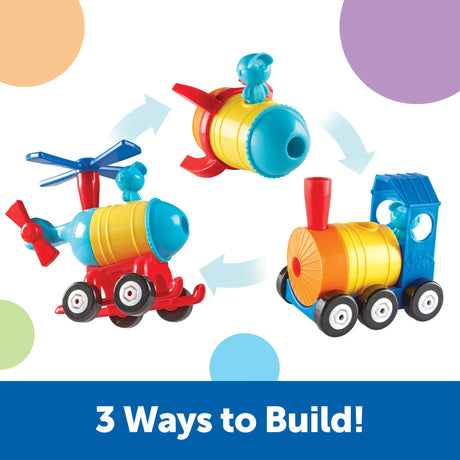 Three colorful vehicle builds shown in cycle: rocket, helicopter, train – Ireland