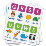 AlphaBee activity card showing letters Q–X with matching cartoon illustrations – Ireland