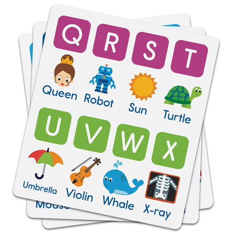 AlphaBee activity card showing letters Q–X with matching cartoon illustrations – Ireland