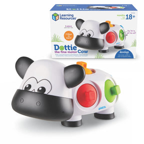 Dottie the Fine Motor Cow toy shown with packaging and colourful dots – Ireland