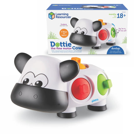 Dottie the Fine Motor Cow toy shown with packaging and colourful dots – Ireland