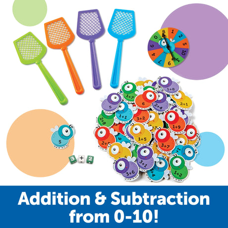 Colourful fly swatters and equation cards laid out beside a number spinner – Ireland