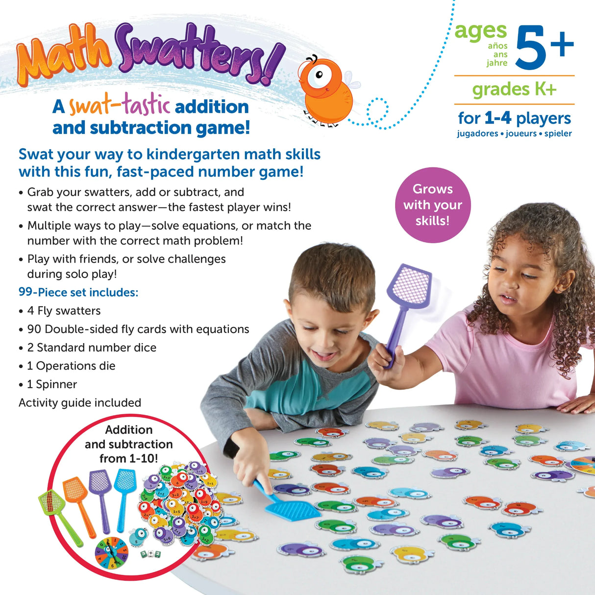 Two children playing Math Swatters game on a table with fly cards and dice – Ireland