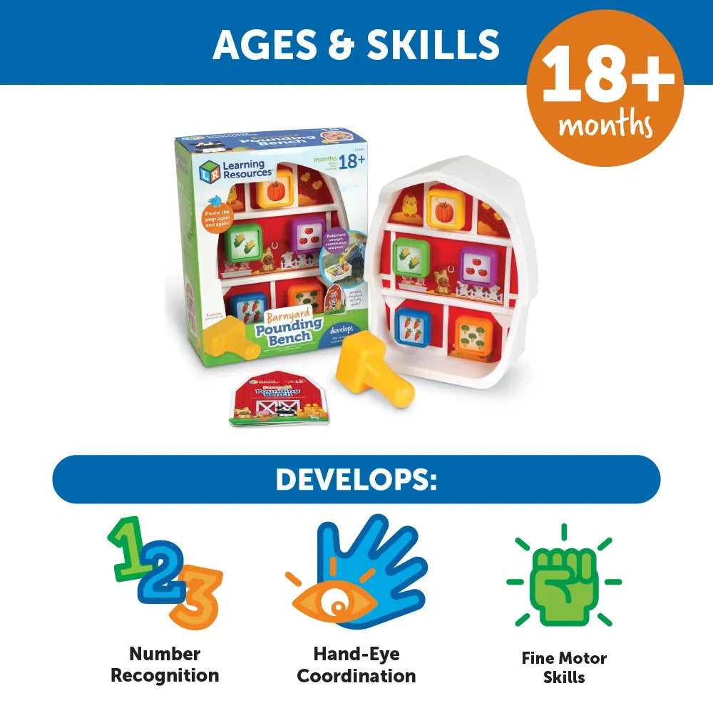 Learning Resources Peeksville Barnyard Pounding Bench ages and skills information