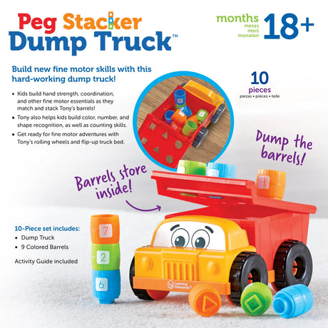 Learning Resources Tony the Peg Stacker Dump Truck contents with truck and coloured barrels