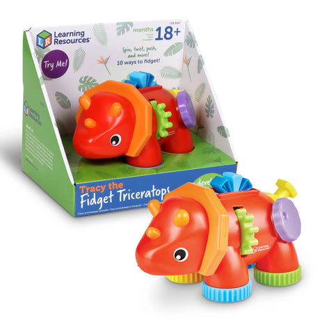 Fidget Triceratops toy shown with retail box packaging and features – Ireland