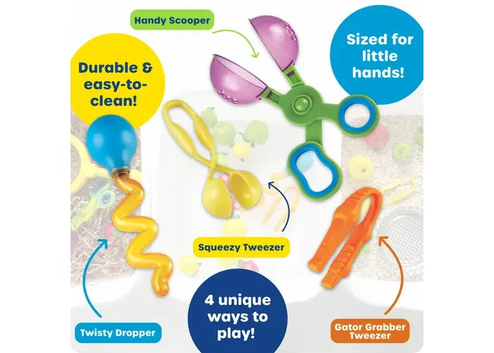 Helping Hands tools labelled for fine motor actions: scoop, drop, grab, squeeze – Ireland