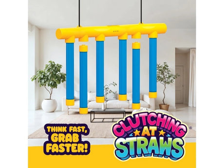 LeftField Toys Clutching At Straws Reaction Game showing six blue foam straws hanging from the yellow game unit