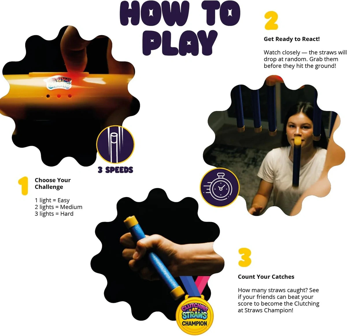 LeftField Toys Clutching At Straws Reaction Game how to play guide showing three speed settings and catch instructions