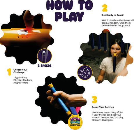 LeftField Toys Clutching At Straws Reaction Game how to play guide showing three speed settings and catch instructions