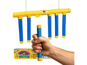 LeftField Toys Clutching At Straws Reaction Game showing product box, hanging game unit and one blue foam straw held in front