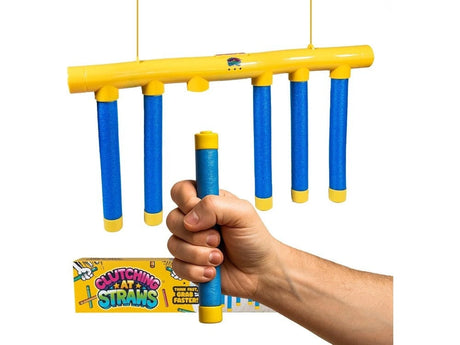 LeftField Toys Clutching At Straws Reaction Game showing product box, hanging game unit and one blue foam straw held in front