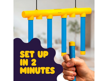 LeftField Toys Clutching At Straws Reaction Game set up image showing hanging unit and one blue foam straw held below