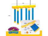 LeftField Toys Clutching At Straws Reaction Game size and contents diagram showing game unit, foam straws, hooks, rope and USB cable