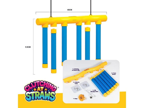 LeftField Toys Clutching At Straws Reaction Game size and contents diagram showing game unit, foam straws, hooks, rope and USB cable
