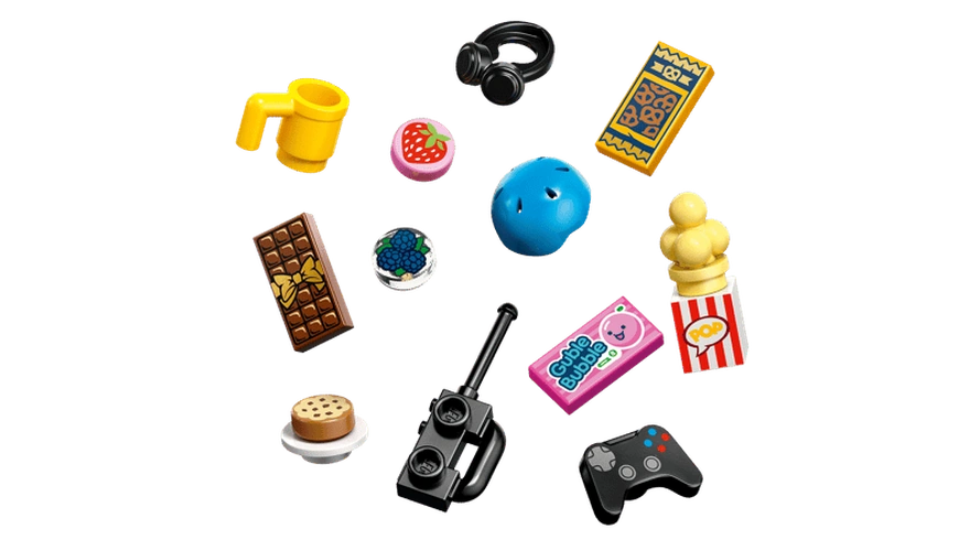 LEGO Friends Heartlake City Friends Club House 42689 accessories including a blue helmet, headphones, gaming controller, walkie talkie, popcorn, drinks and miniature food.