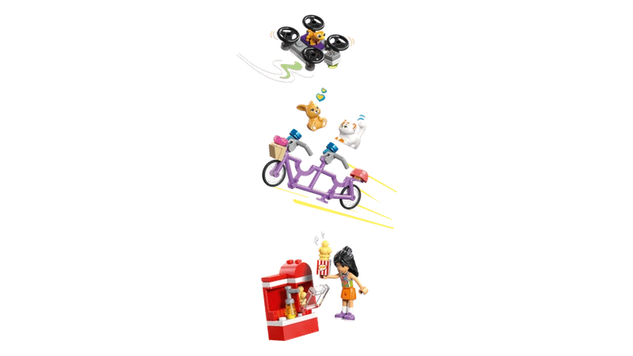 LEGO Friends Heartlake City Friends Club House 42689 activity accessories showing a flying drone, purple tandem bicycle, cat and bunny figures, popcorn machine and minidoll.