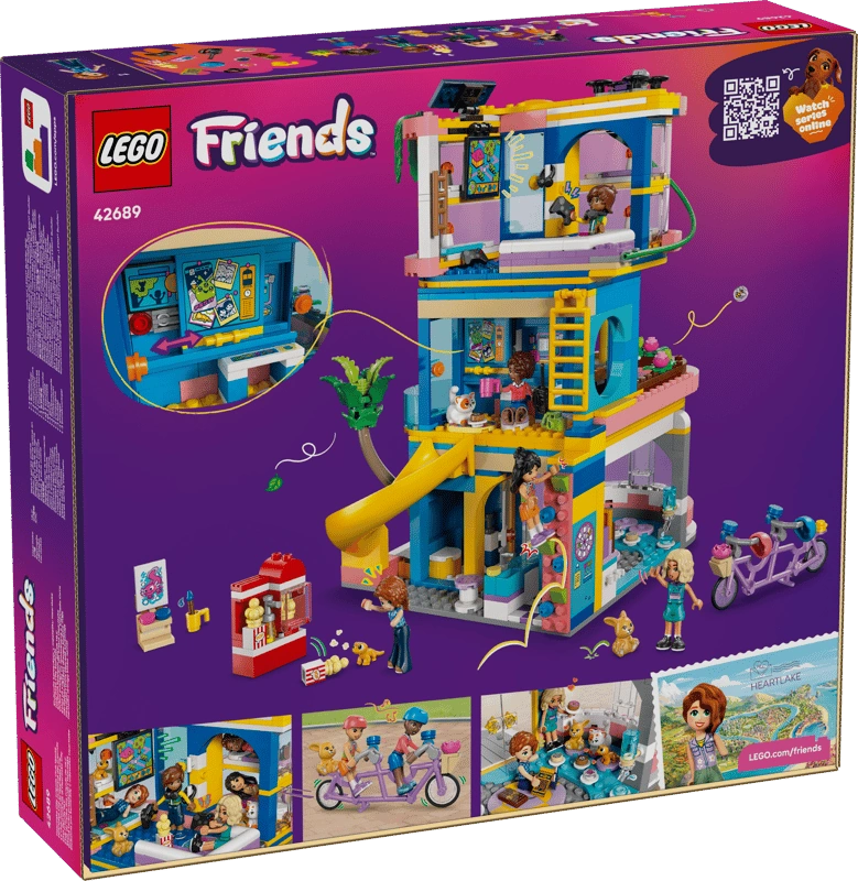 Back of LEGO Friends Heartlake City Friends Club House 42689 packaging showing the clubhouse interior, gaming area, climbing wall, slide, tandem bicycle and activity scenes.