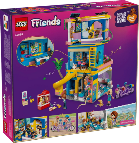 Back of LEGO Friends Heartlake City Friends Club House 42689 packaging showing the clubhouse interior, gaming area, climbing wall, slide, tandem bicycle and activity scenes.