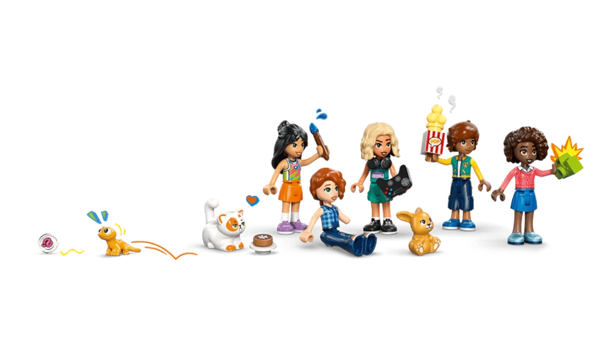 Five LEGO Friends minidolls from Heartlake City Friends Club House 42689 with gaming controller, popcorn, paintbrush, colourful accessories and three animal figures.