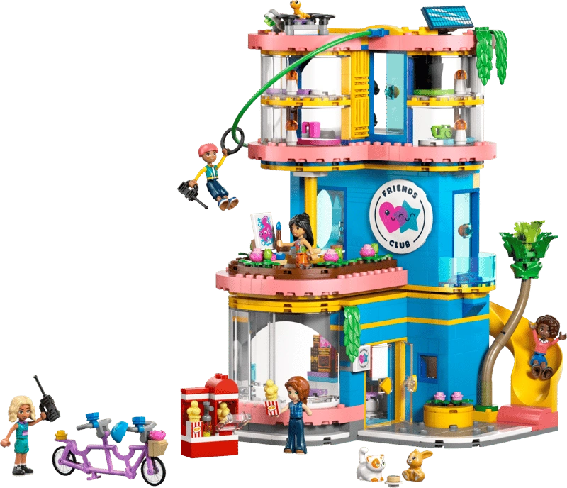 LEGO Friends Heartlake City Friends Club House 42689 showing the colourful three storey clubhouse with zip line, slide, minidolls, tandem bicycle, pets and rooftop drone.