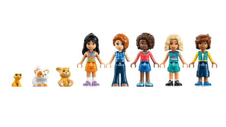 Five LEGO Friends minidolls from Heartlake City Friends Club House 42689 displayed alongside three animal figures including a gecko, white cat and brown bunny.