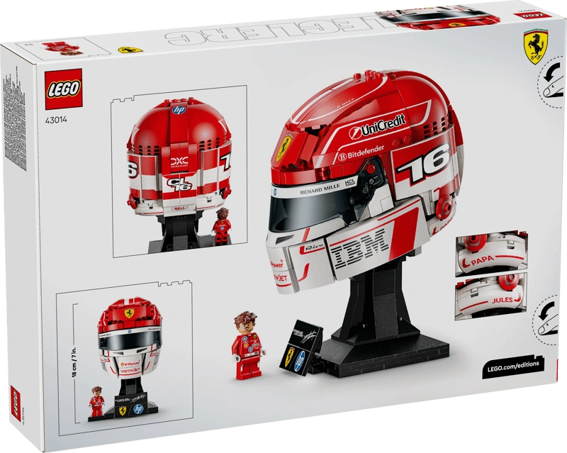 Back of LEGO Editions Charles Leclerc Helmet 43014 packaging showing the completed Ferrari helmet from front, side and rear angles, with minifigure and display stand.