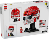 Back of LEGO Editions Charles Leclerc Helmet 43014 packaging showing the completed Ferrari helmet from front, side and rear angles, with minifigure and display stand.