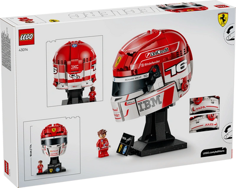 Back of LEGO Editions Charles Leclerc Helmet 43014 packaging showing the completed Ferrari helmet from front, side and rear angles, with minifigure and display stand.