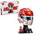 Front close-up of LEGO Scuderia Ferrari HP Charles Leclerc Helmet 43014 showing the red Ferrari helmet, Prancing Horse badge, dark visor, white chin section and V-Power branding.