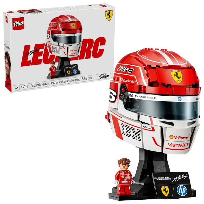 Front close-up of LEGO Scuderia Ferrari HP Charles Leclerc Helmet 43014 showing the red Ferrari helmet, Prancing Horse badge, dark visor, white chin section and V-Power branding.