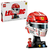 Front close-up of LEGO Scuderia Ferrari HP Charles Leclerc Helmet 43014 showing the red Ferrari helmet, Prancing Horse badge, dark visor, white chin section and V-Power branding.
