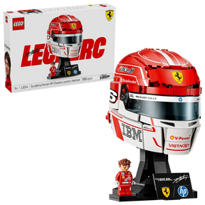 Front close-up of LEGO Scuderia Ferrari HP Charles Leclerc Helmet 43014 showing the red Ferrari helmet, Prancing Horse badge, dark visor, white chin section and V-Power branding.