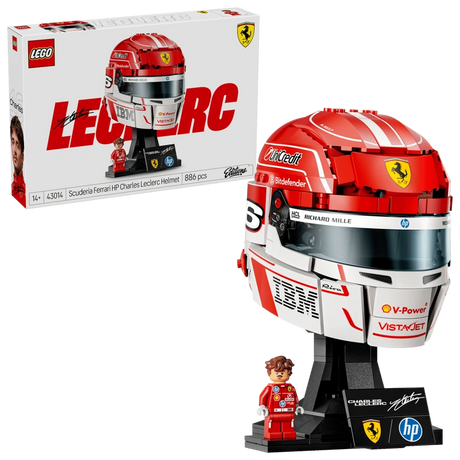 Front close-up of LEGO Scuderia Ferrari HP Charles Leclerc Helmet 43014 showing the red Ferrari helmet, Prancing Horse badge, dark visor, white chin section and V-Power branding.