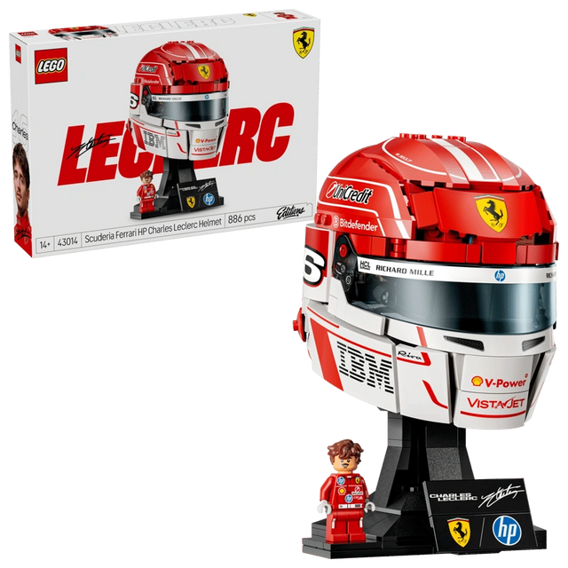 Front close-up of LEGO Scuderia Ferrari HP Charles Leclerc Helmet 43014 showing the red Ferrari helmet, Prancing Horse badge, dark visor, white chin section and V-Power branding.