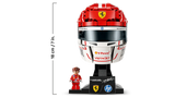 LEGO Editions Charles Leclerc Helmet 43014 displayed from the front with Ferrari badge, dark visor, signature plaque, minifigure and height measurement of 18 cm.