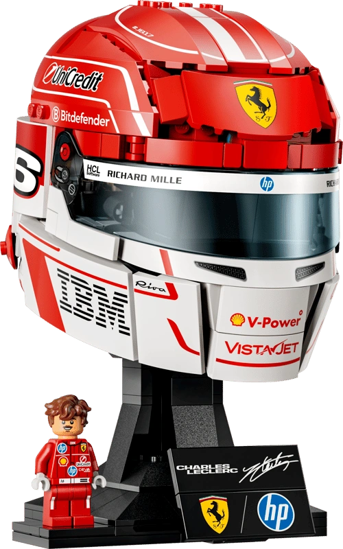 LEGO Editions Scuderia Ferrari HP Charles Leclerc Helmet 43014 showing the red and white racing helmet on a black display stand with Charles Leclerc minifigure and signature plaque.